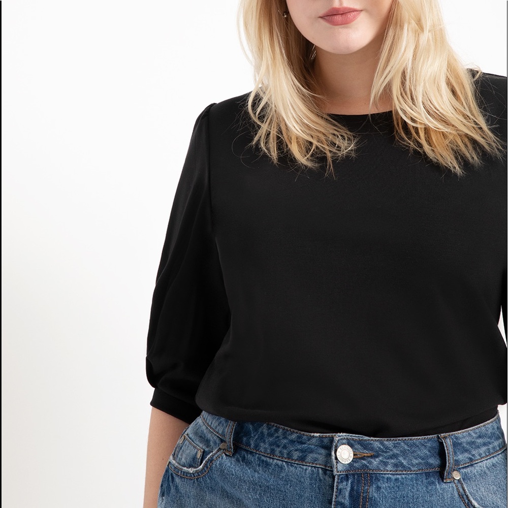 Eloquii Puff Sleeve Ponte Top- Black